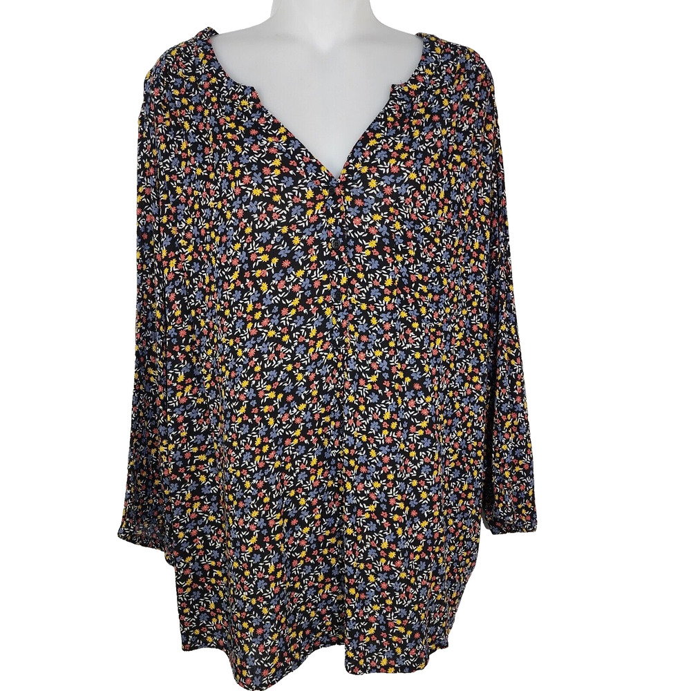 Market & Spruce Top 3X Prat Henley 3/4 Sleeve Blouse Stitch Fix Black Floral